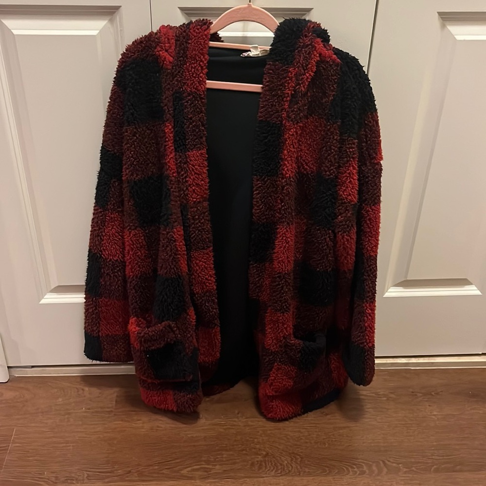 Red/Black Buffalo Checkered Hoodie Cardigan